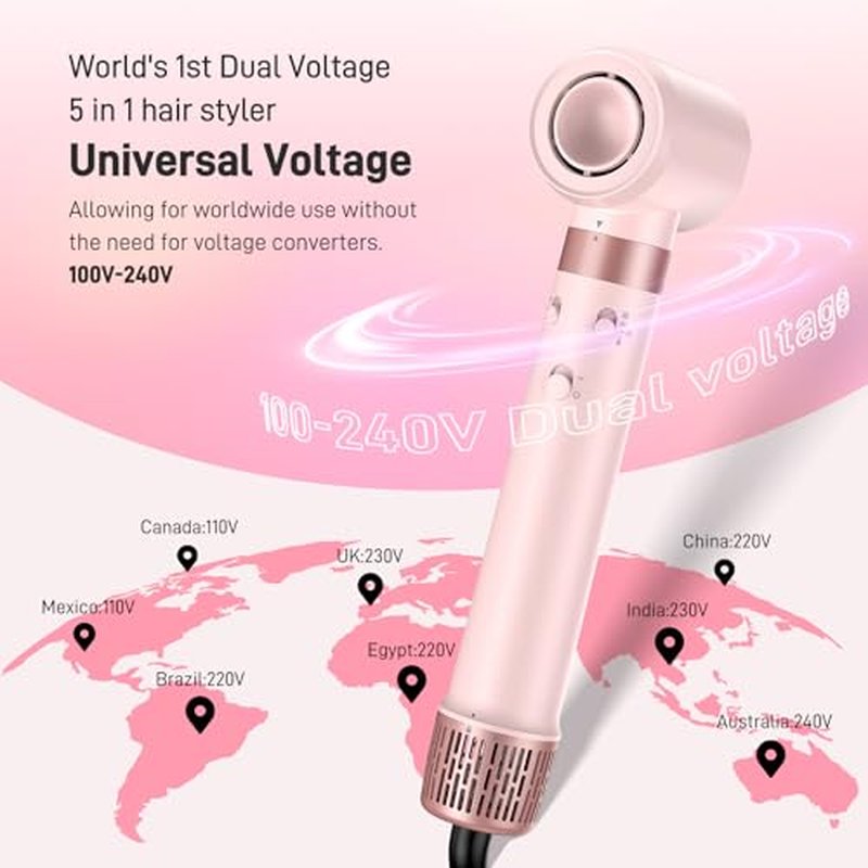 Dual Voltage Hot Air Styler Wrap - 5 in 1 Hair Dryer Brush with Fast Drying Blow Dryer, Styling, Straightening & Volumizing with Travel Bag (100V?240V)