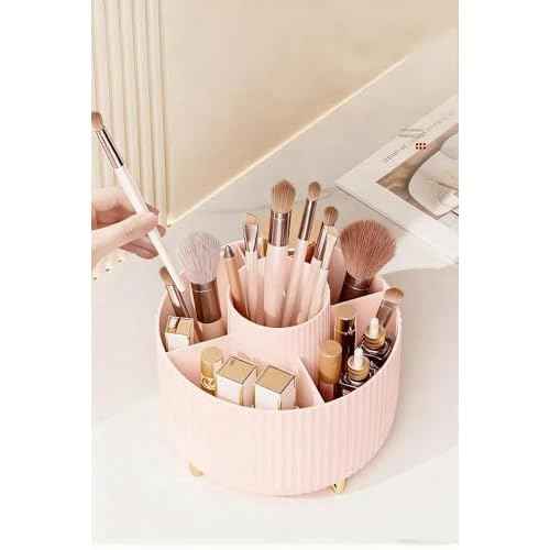 360 Degree Rotating Desktop Organizer, Makeup Brushes, Pencils, Desktop Stationery Storage Rotating Rack, Premium Plastic Organizer For Office, School And Home (5 Slots, Pink)