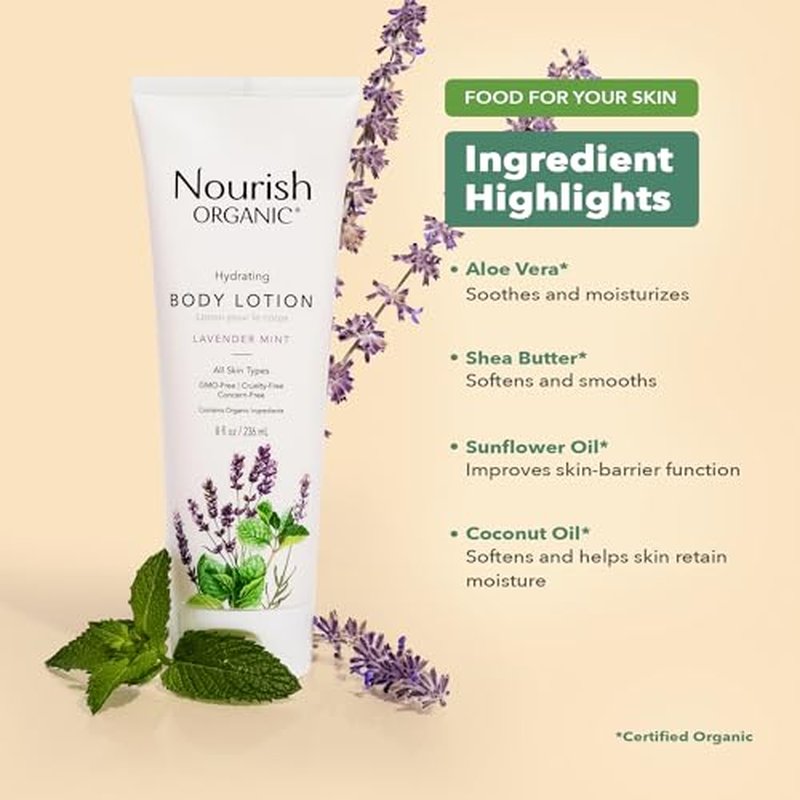 Nourish Organic Body Lotion, Lavender Mint ? Hydrating Body Lotion for Dry Skin with Certified Organic Aloe Vera, Shea Butter, Coconut Oil & Cocoa Butter (8 Oz) + Washable Cotton Round