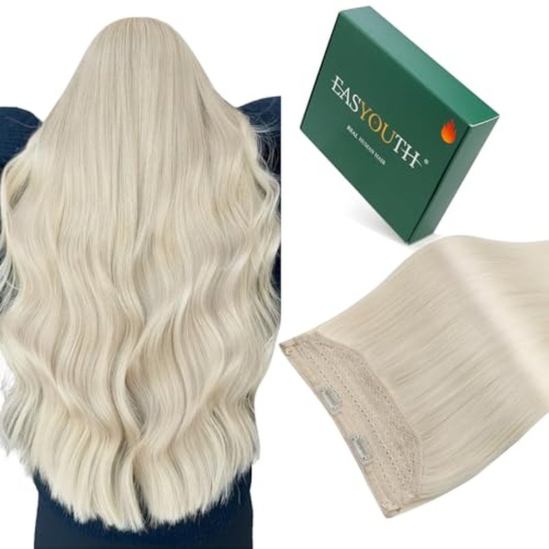 Easyouth Invisible Wire Hair Extensions Blonde Wire Human Hair Extensions White Blonde 20 Inch 100g Transparent Headband Hair Extension Human Hair Dyable Hair Extension Wire