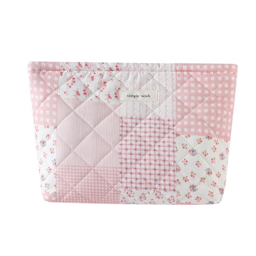 Quilted Cotton Makeup Bag,Coquette Floral Quilted Cosmetic Bag, Travel Toiletry Makeup Bag for Women and Girls, Aesthetic Travel Organized Cosmetic Pouch(09 Patchwork Pink)