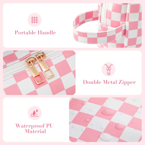 2Pcs Makeup Bag for Women, Large Checkered Cosmetic Bags with Small Makeup Brushes Bag Set, Cute Leather Make Up Orgnizer with Zipper, Travel Skincare Toiletry Storage Bag for Teens Girls Gifts(Black)