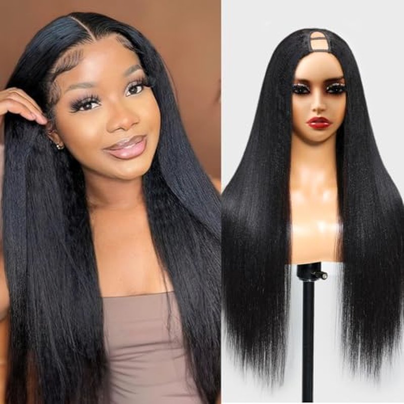 U Part Wigs Human Hair Yaki Straight Glueless Wig Human Hair 200% Density Yaki Straight U Shape Wig Upgrade None Lace No Sew In U Part Wigs With Drawstring Beginner Friendly,Natural Color(18 Inch)