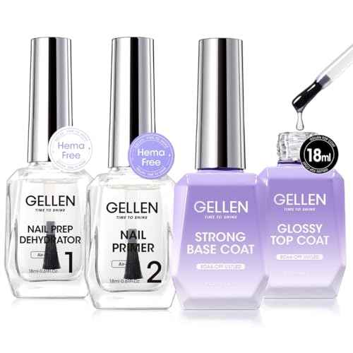 Gellen Nail Dehydrator and Primer with Base Coat Top Coat, Acid-Free Hema-free Nail Prep Dehydrator Primer 18ml UV Superior Glossy Top Coat for Acrylic Gel Nail Polish Nail Art Supplies Gift for Women