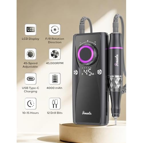 Electric Nail Drill Professional Kit: 45,000 RPM USB Rechargeable Efile Nail Drill Nail File with 12 Bits for Polishing Gel/Acrylic Nails- Portable Manicure Tool Set for Salon/Home-Black