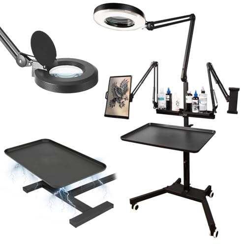 Tattoo Workstation Multi-Function Console, Tattoo lamp, Double Stand with lamp Tattoo Tray Trolley, Adjustable Height Magnetic Tray