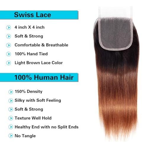 12A Brazilian Ombre Straight Human Hair Bundles with 4x4 Lace Closure 2 Tone T1B/30 Black to Brown 100% Unprocessed Virgin Remy Hair,Free Part (16 18 20+16)