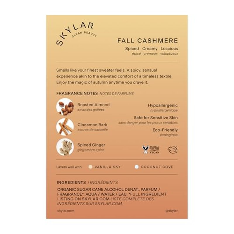 Skylar Fall Cashmere Eau de Parfum - Hypoallergenic & Clean Perfume for Women & Men, Vegan & Safe for Sensitive Skin - Spicy Gourmand Perfume with Notes of Cinnamon, Almond & Ginger - 50mL /1.7 Fl oz