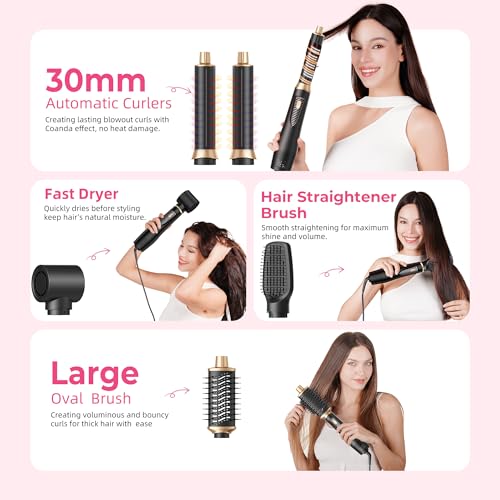 5 in 1 Blow Dryer Brush Set, 1000W Professional Hot Air Styler, Ionic Hair Dryer Brush, 3 Heat Settings, Auto Curling, Fast Drying, Ideal Hair Styling Tools Gift for Women, Black