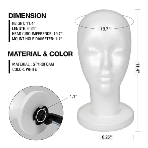 STUDIO LIMITED 11.4-Inch Styrofoam Mannequin Head (1 Pack) - White Foam Wig Stand for Wigs, Hats, Masks, Hairpieces, Arts, Crafts, DIY Projects, Salon Display, and Travel Use