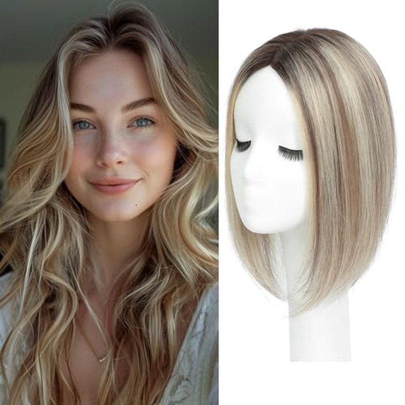 SARO-UP Hair Toppers for Women Real Human Hair Toppers for Women with Thinning Hair 4x4.5 inch Larger Mono Base 150% Density HairPieces Add Volume 12Inch (Ombre Light Brown with Blond Highlight)