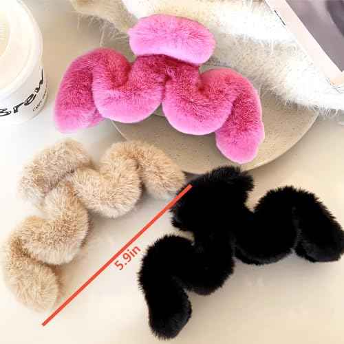 3Pcs Fuzzy Large Faux Fur M-Shaped Hair Claws Winter Plush Fluffy Wave Claw Clips