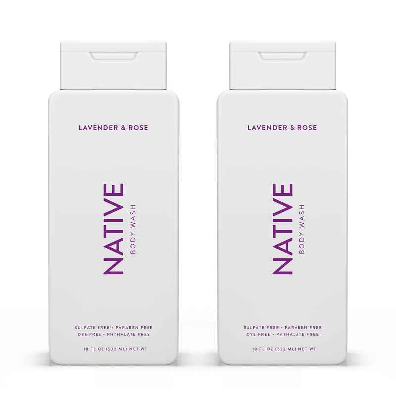 Native Body Wash Contains Naturally Derived Ingredients | For Women & Men, Sulfate, Paraben, & Dye Free Leaving Skin Soft and Hydrated | Lavender & Rose 18 oz - 2 Pk