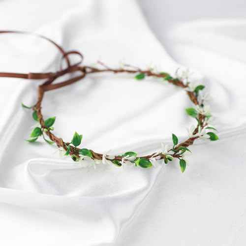 Handmade White Flower Crown Fairy Wreath Women Girls Flower Headband for Bridal Weeding Headdress Fairy Green Leaf Headpiece Cosplay Photo Prop