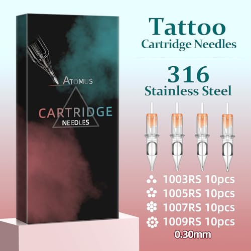 ATOMUS 40pcs Tattoo Cartridge Needles with 20pcs Silicone Ink Cups Size #10 RL RS RM Round Liner Tattoo Needles for Tattoo Gun Pen Liner Pattern (3RS+5RS+7RS+9RS)