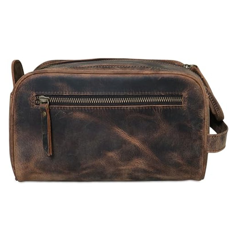 KomalC Leather Toiletry Bag For Men & Women, Handcrafted Buffalo Leather Travel Kit, Water-Resistant Shaving Bag For Men Travel, Premium Rustic Toiletry Pouch with Zipper Closure