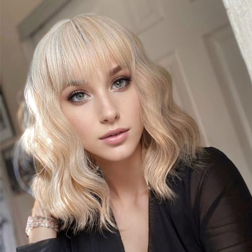 VCKOVCKO Natural Blonde Wigs With Air Bangs for Women Women's Shoulder Length Curly Wavy Synthetic blonde wig with bang Wigs Blonde Wig for White Women Girls (12", Mix Blonde)