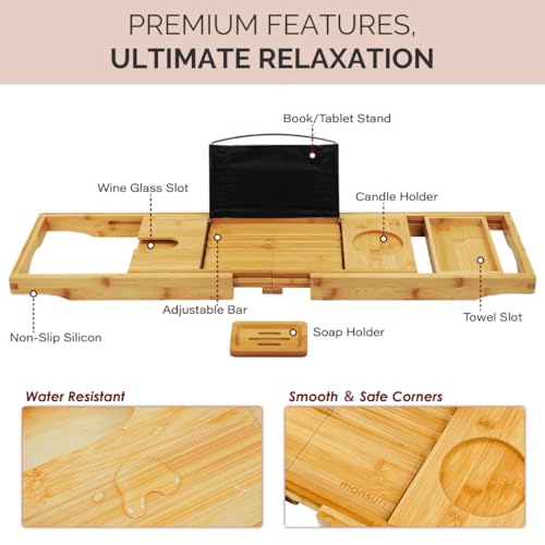 Foldable Bamboo Bathtub Tray Caddy - Expandable Bath Tray for Tub | Secure, Non-Slip Bathtub Caddy Tray for Tub for Bath Accessories, Bath Stuff ? Perfect Relaxing Gifts for Women and Spa Gift Set