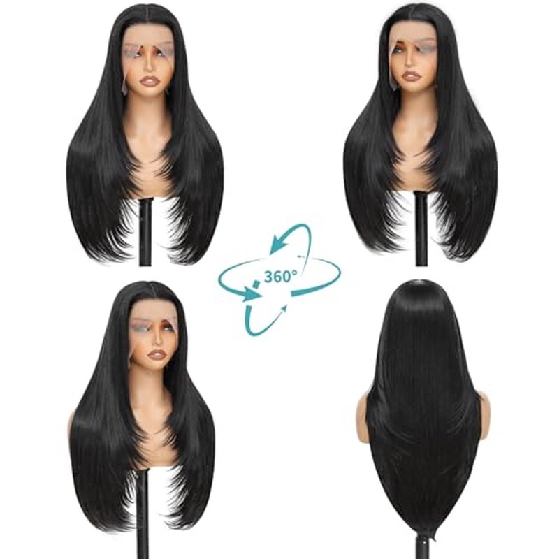 Synthetic Lace Front Wig 13x4 HD Lace Layered Hairstyle Pre Plucked Hairline Straight Long Black Glueless Wigs for Black Women 26 Inch Beginner Friendly
