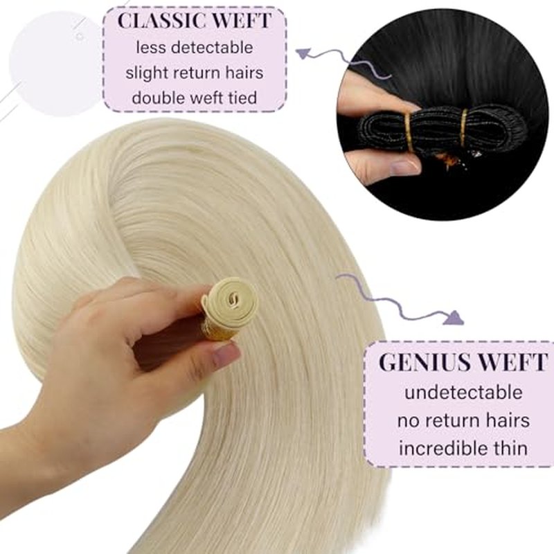 Fshine Genius Weft Human Hair Extensions Real Human Hair Sew in Hair Extensions for Women Human Hair Bundle One Piece Remy Human Hair Color 60 Platinum Blonde 22 Inch 60g