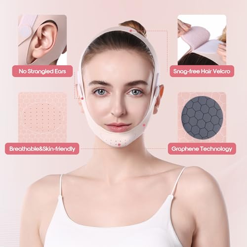 Graphene Chin Strap for Sleeping, Reusable V Line Lifting Mask Double Chin Reducer for Face Lift,Jaw Exerciser,Double Chin Eliminator for Women,Face Slimming Strap,Face lifting Mask,22.44in*8.39in