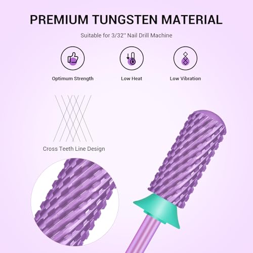 MelodySusie Safety Nail Drill Bits, 3/32'' Smooth Round Top Small Barrel Carbide Bits, Fast Remove Acrylic or Hard Gel for Manicure Pedicure Salon Professional or Beginner, Purple, Coarse