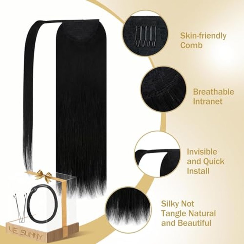 Ve Sunny Ponytail Extension Real Human Hair for Women Clip in Ponytail Hair Extension Straight Hair Pieces Wrap Around Jet Black 20inch 80G