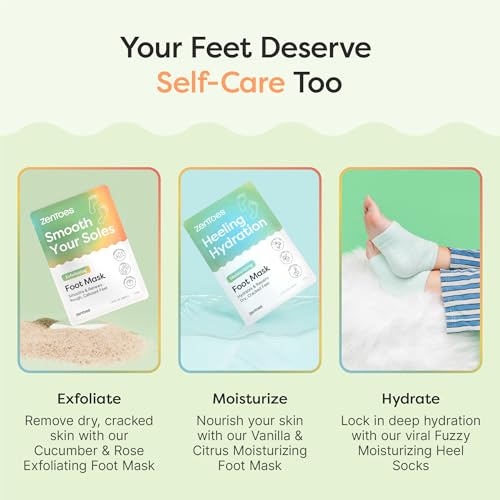 ZenToes Exfoliating Foot Mask for Dry Cracked Feet | Urea, Niacinamide & Rose Extract Infused No Harsh Foot Peeling Mask | Spa Experience At Home | Mess Free Design | Cucumber Rose Scented, 3 Pairs