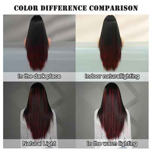7JHH WIGS 31in Ombre Red Black Long Straight Highlight Wigs with Curtain Bangs Natural Heat Resistant Synthetic Fiber Layered Highlight Midlle Part Women Wigs for Chrismas Daily Party Daily Used