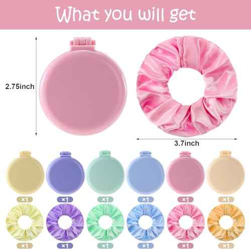 12 Pcs Mini Hair Brush with Mirror and Scrunchies Portable Travel Hairbrush Compact Folding Brush Pastel Satin Hair Scrunchies for Girls Women Girls Trip Favors Gifts