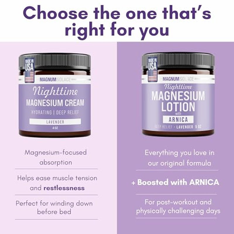 Magnum Solace Nighttime Magnesium Lotion with Arnica ? Soothing Relief & Relaxation, Highly Concentrated Magnesium for Muscles & Joints ? Apply to Legs or Feet Before Bed ? Skin-Friendly