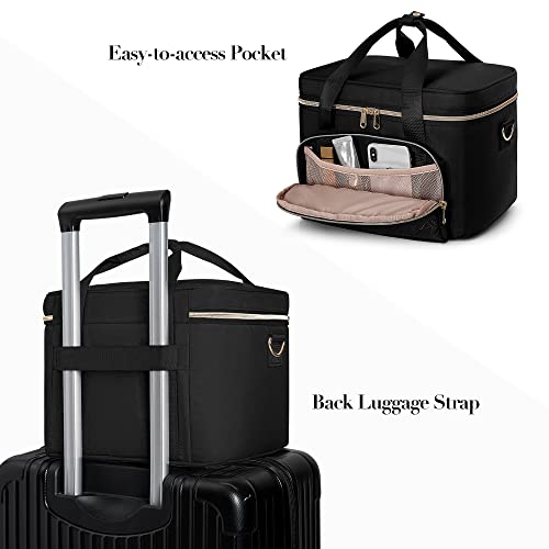 Travel Makeup Bag with 2 Pouches and Adjustable Dividers, Large Cosmetic Case Make up Organizer for Women Fits Bottles Vertically, Black (Patented Design)