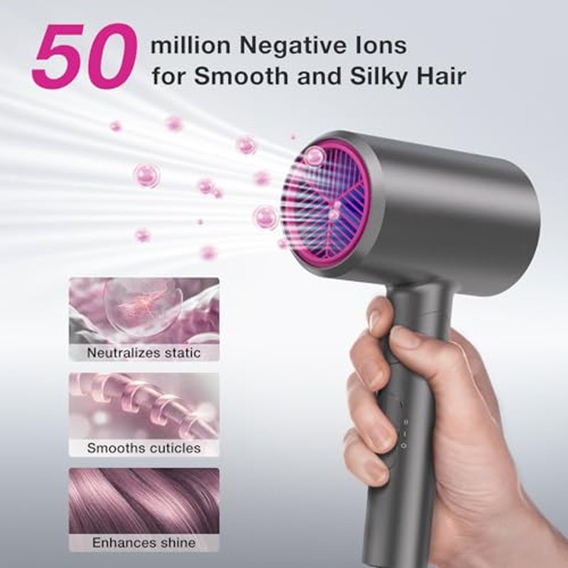 Ionic Diffuser Hair Dryer for Curly Hair, 1875W Fast Drying Blow Dryer with Diffuser and Concentrator Nozzle, Compact & Portable Negative Ion Hairdryer Blowdryer, 3 Heat 2 Speed Settings, Gray