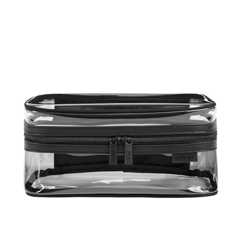 Away Clear Cosmetic Case for Travel, TSA Approved Double Compartment Makeup & Cosmetic Organizer with Leather Handle, Transparent Carry-On Pouch for Toiletries, Brushes & Essentials