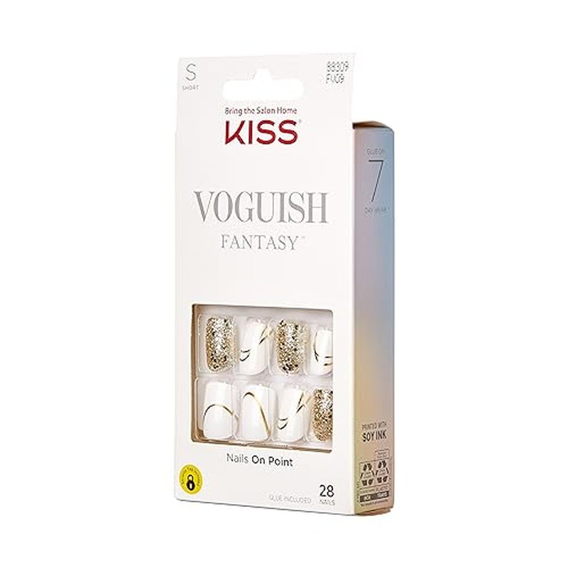 KISS Voguish Fantasy, Press On Nails, Nail glue included, 'Glam and Glow', White, Short Size, Squoval Shape, Includes 28 Nails, 2g glue, 1 Manicure Stick, 1 Mini File