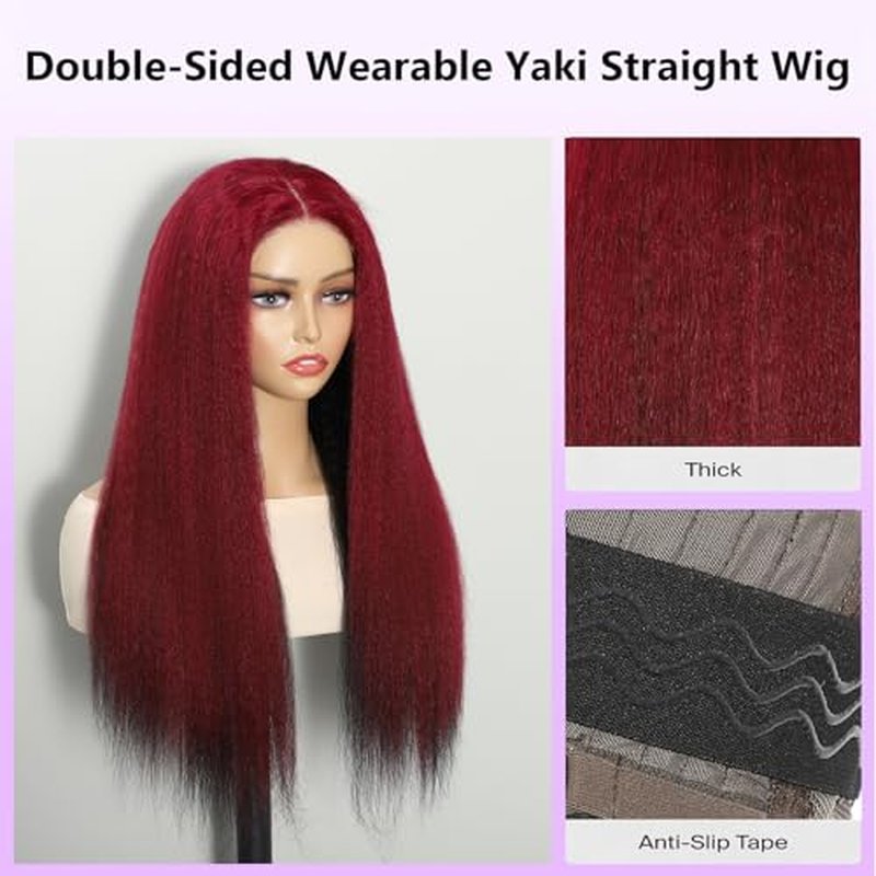 Wear and Go Glueless Wigs Human Hair Pre Plucked Pre Cut Double Wear Wig Kinky Straight 4x4 HD Lace Yaki Straight Human Hair Wigs for Black Women 180% Density 28 Inch (Red and Black)