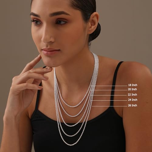 LeCalla Solid 925 Sterling Silver, 18K Gold Plated & Rhodium Plated 3 MM Diamond-Cut Braided Rope Chain Necklace for Men Women (18, 20, 22, 24, 26 Inches), Made in Italy