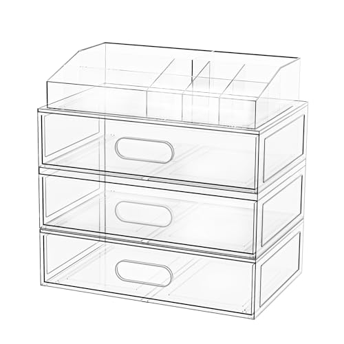 Clear Stackable Makeup Organizer with Drawer, 12''W Acrylic Storage Drawers, Cosmetic Display Case for Vanity Bathroom Countertop, Beauty Holder for Lipstick Brush Skincare Perfume (4 Pack)