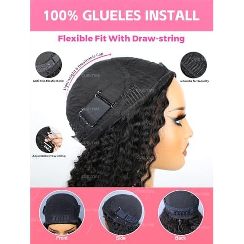 Curlyme Drawstring Half Wig Kinky Straight Flip Over Wig Human Hair No Lace Glueless Drawstring Invisible Hairline Beginner Friendly Wear Go For Women Clip In 195% Density 18 Inch