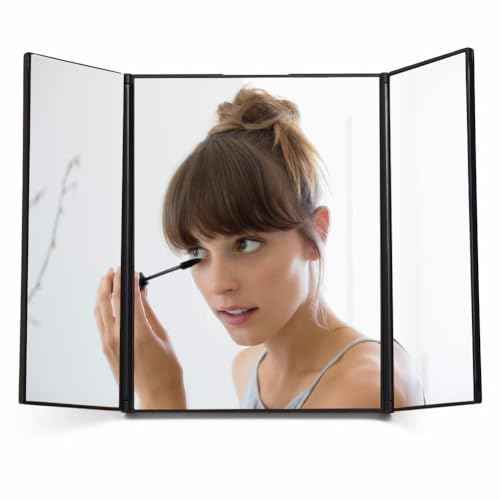 Joyzan Foldable Makeup Mirror, Car Trifold View Mirror Folding Visor Vanity Tri Fold Portable High Definition Cosmetic Travel Sun Universal Hook Loop Home Auto Truck SUV Clip On Rear Women Girl