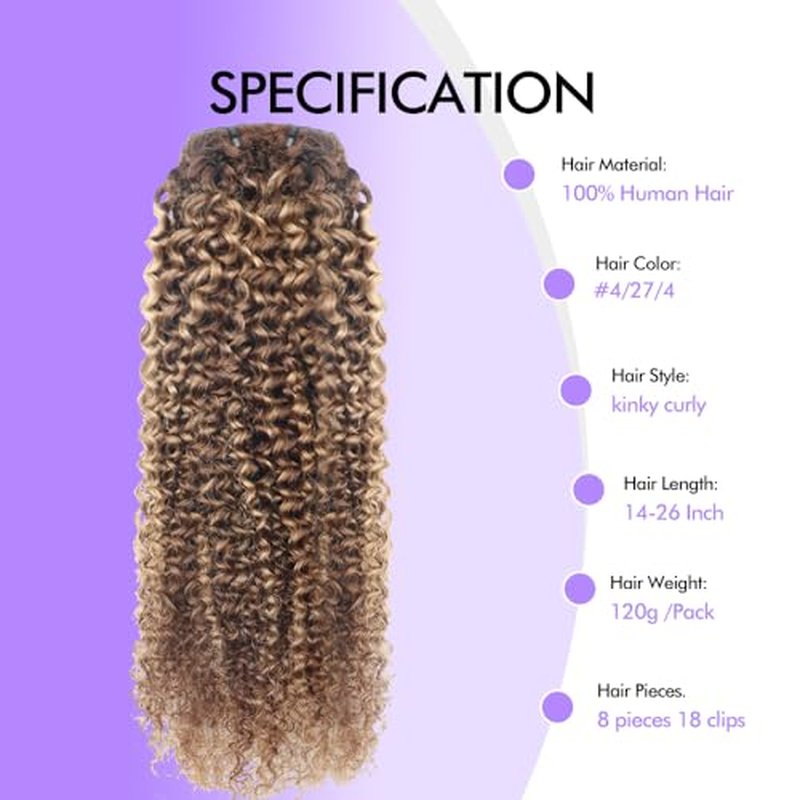 Curly Clip In Hair Extensions Real Human Hair Clip Ins Balayage Chocolate Brown to Caramel Blonde Human Hair Extensions 8Pcs with18clips 120g/Set (24 inch£¬#4/27/4)