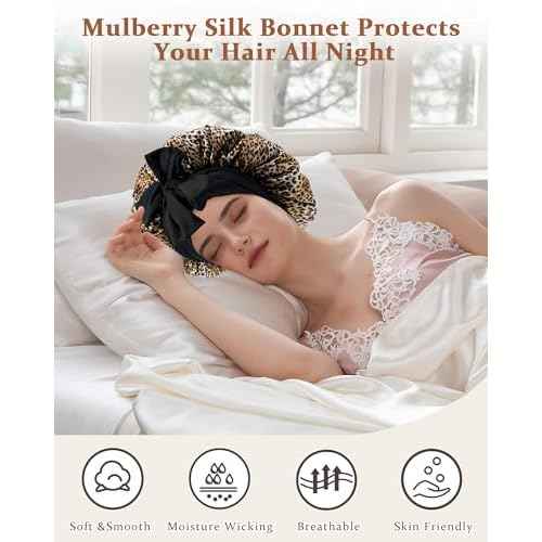 100% Mulberry Silk Bonnet for Sleeping Women Double Layer Silk Hair Bonnet Natural Sleep Cap with Elastic£¨Black + Leopard£©
