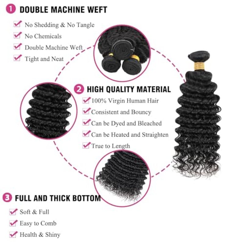 Human Hair Bundles Brazilian Deep Wave Human Hair Weaves 18 20 22inch 100% Unprocessed Virgin Human Hair Deep Wave Curly Water Wave Wet and Wavy Raw Bundles Deals Natural Black