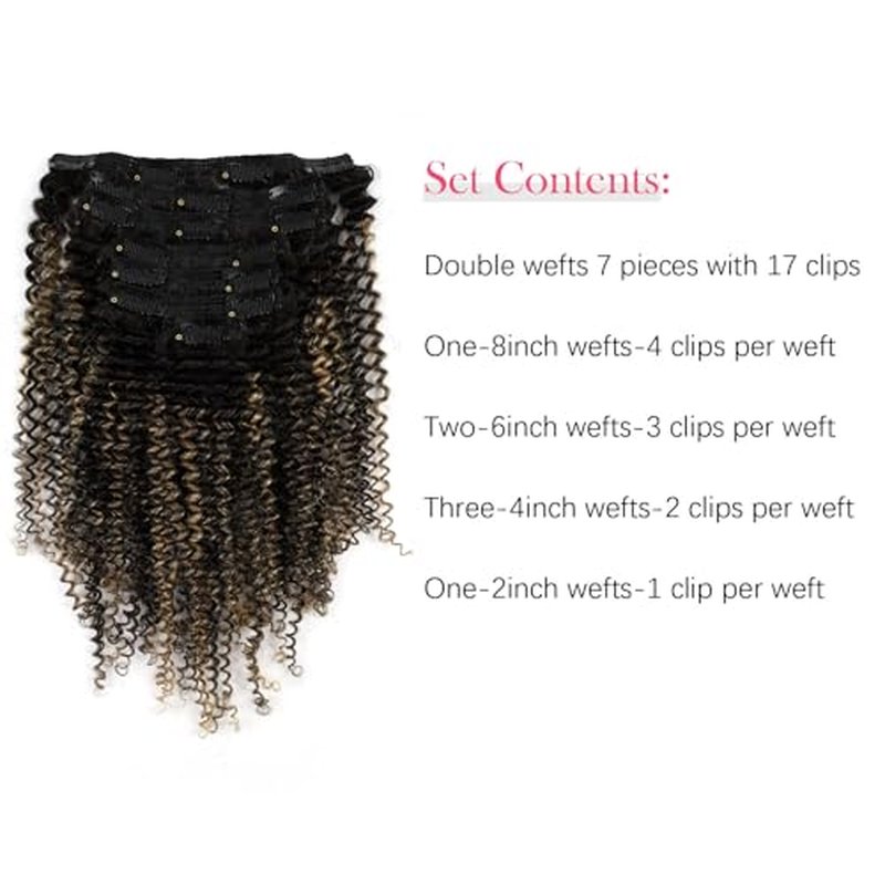 Sassina Kinky Curly Clip in Hair Extensions for African American Women Clip ins Human Hair Extensions Full Head Natural Black to Strawberry Blonde 20 Inch 120 Gram 7 Pcs #T1B/1BP27