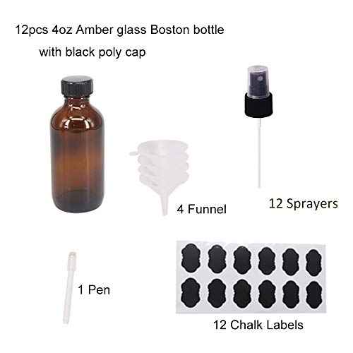 12 Pack 4 oz Amber Glass Spray Bottles 4oz Fine Mist Spray Bottle For Essential Oils, Perfumes, Alcohol, Watering Flowers, Cosmetic Spray Bottle, Refillable Liquid Containers