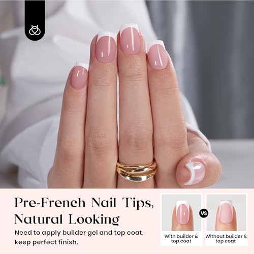 Beetles French Tip Press On Nails: 150 Pcs Pink Short Square Press On Nails 4 in 1 Nail Tips, Pre-Applied Primer & Base Coat, No File Need DIY Manicure for Fall Nails Extension Gifts for Women