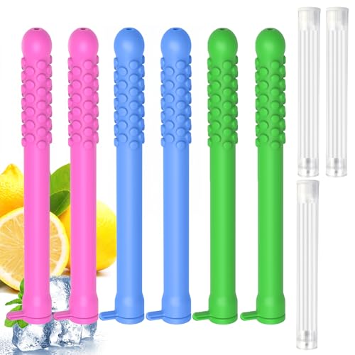 6PCS Flavored Chewable Sticks with Essential Oil,Portable Chewable Slicone Sticks,Fresh Breath Oral Relaxation Stick with 12 Replacement Cores, Can Taken Anywhere Focus