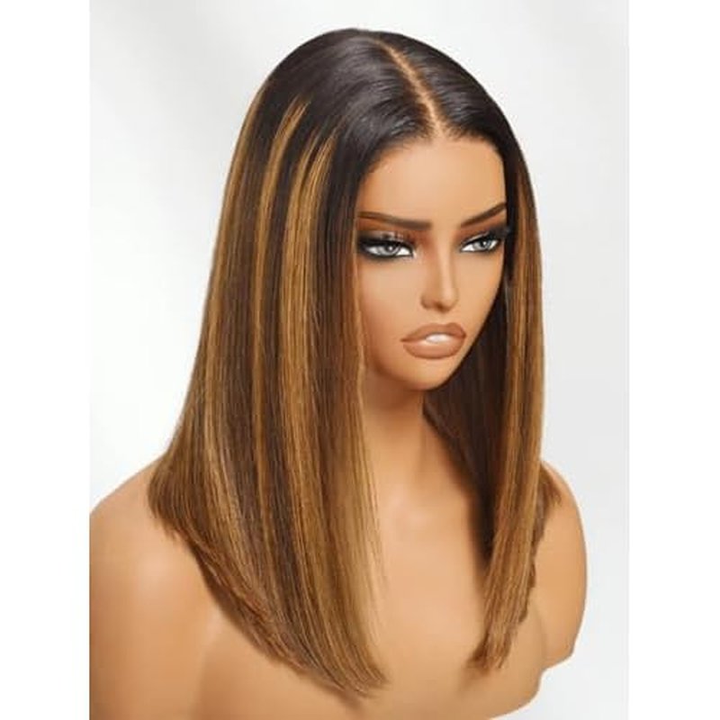 Beauty Forever Bob Wig Human Hair Brown With Blonde Piano Highlights Blunt Straight Wig Glueless 7x5 HD Lace Front Pre Cut Plucked Bye Bye Knots Ready to Go Short Wig 150% Density 12 Inches