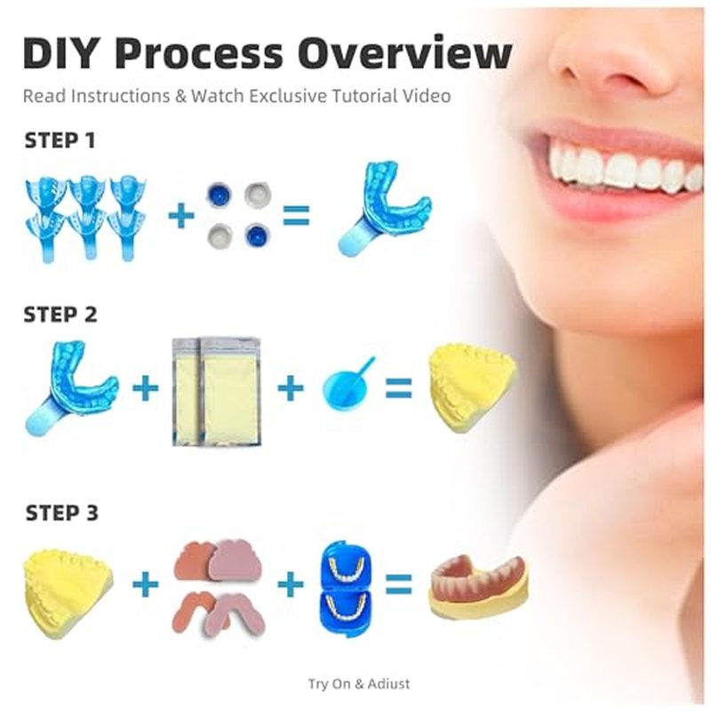 DIY Denture Kit,2 Sets (28 pcs Each) of Different Sizes of False Teeth,Multi-Color repeatable moldable Material,Complete Fake Teeth Repair Kit,Partial dentures,Upper/Lower Dentures,Denture Repair kit
