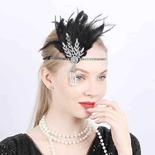 GORTIN 1920's Flapper Feather Headband Art Deco Headpiece Inspired Leaf Medallion Pearl Headband